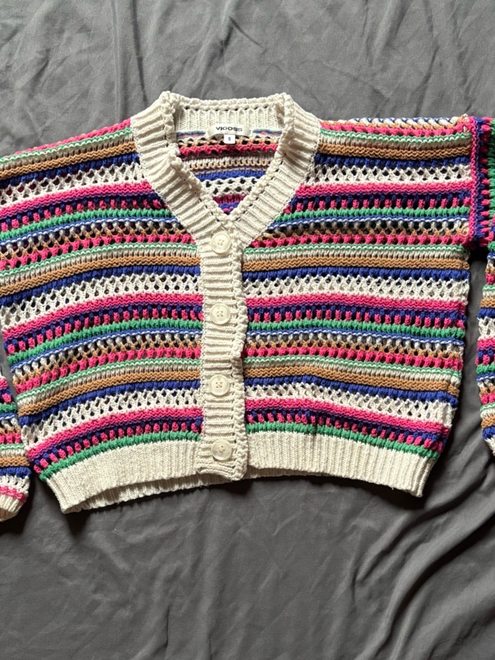 Vigoss Multicolor Striped Open-Knit V-Neck Cardigan - Picture 4 of 15